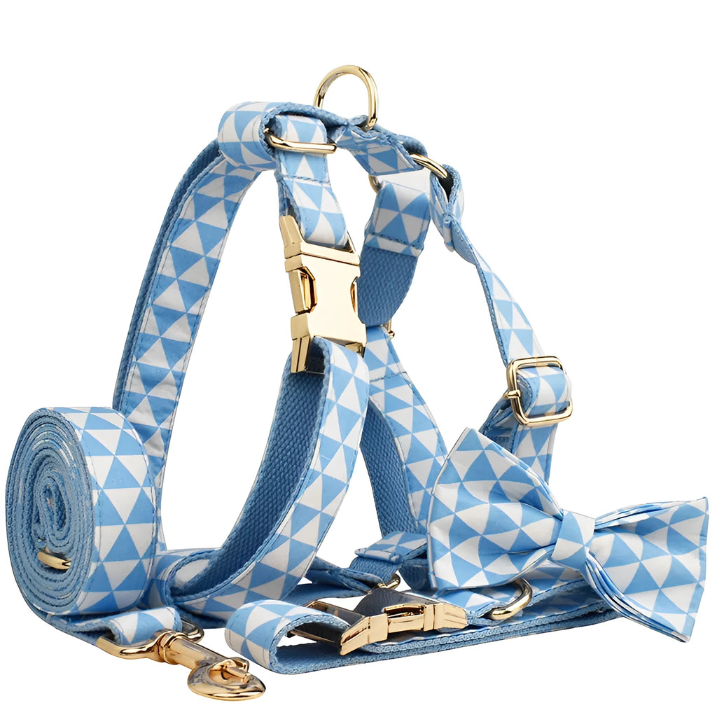 Blue cloth dog vest set with matching collar, rope leash, and bow accessory on dog mannequin