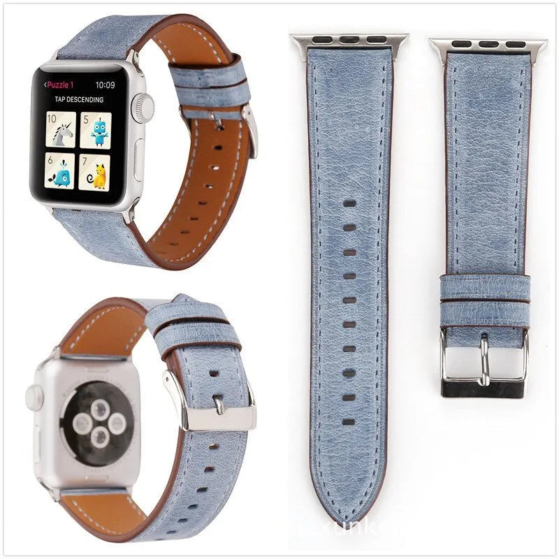 Leather watch strap with folding buckle in multiple colour options