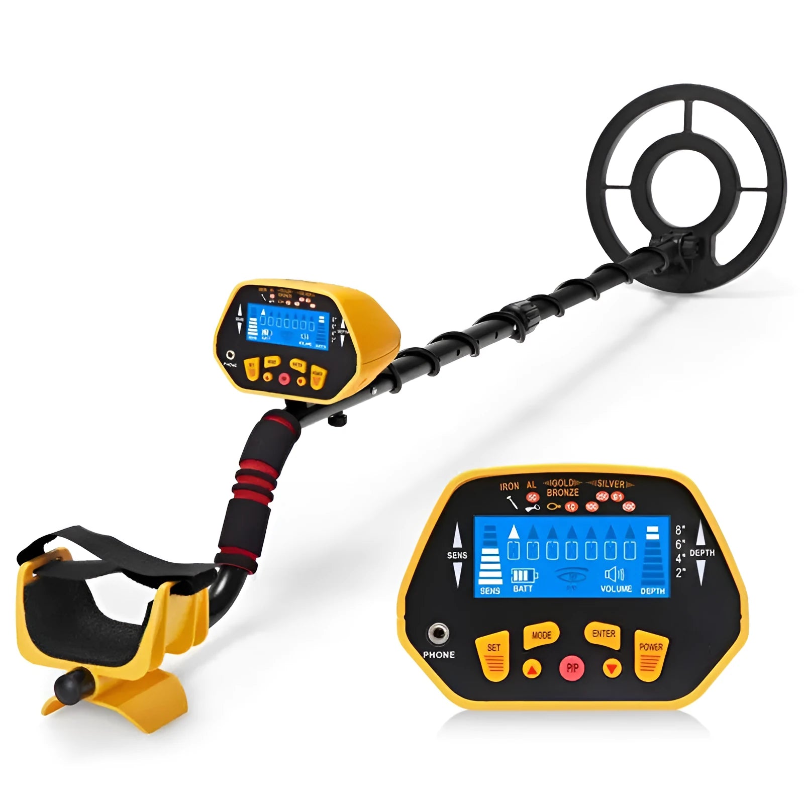 GC1028 black and yellow professional metal detector with LCD screen and adjustable pole on grass.
