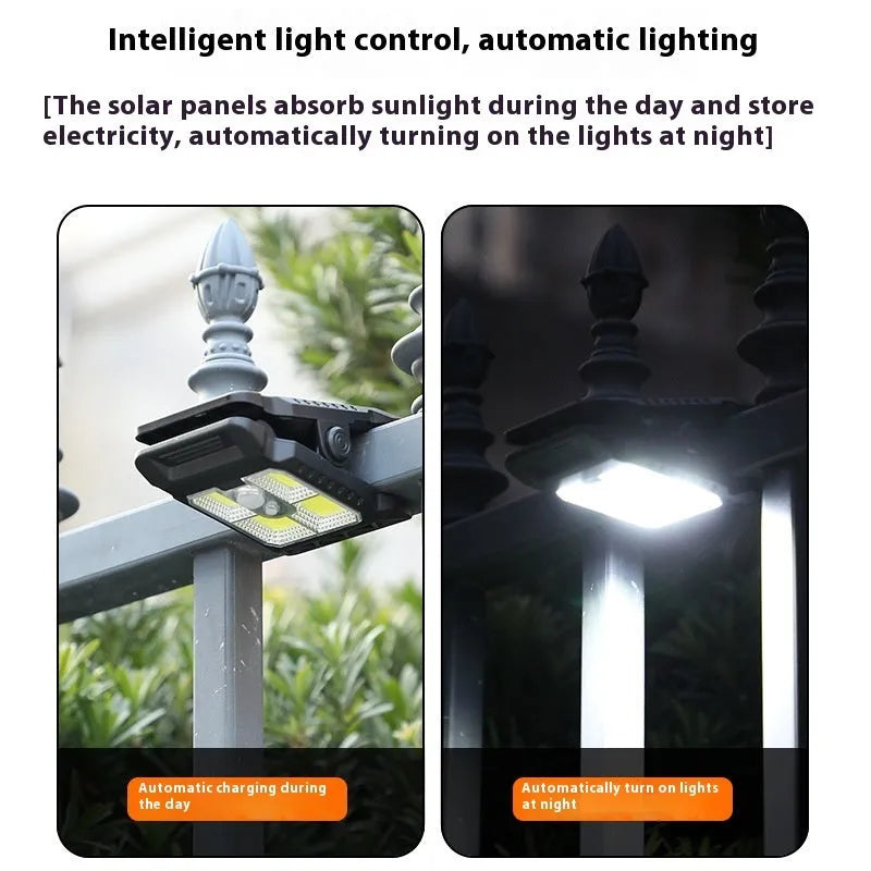 Compact white ABS plastic LED clip lamp with motion sensor, shown clipped to a shelf edge.