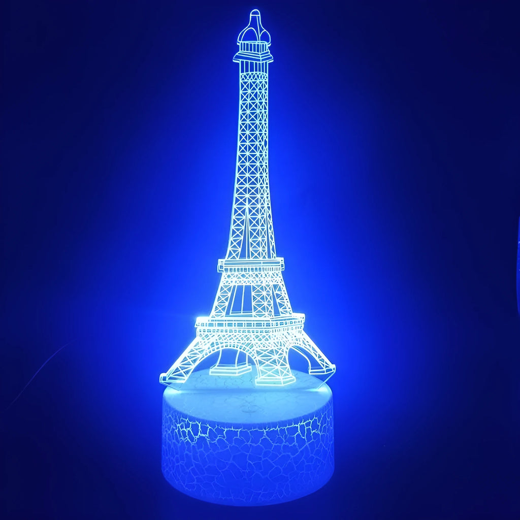 Eiffel Tower shaped 3D acrylic table lamp displaying seven colours, with touch controls and remote.