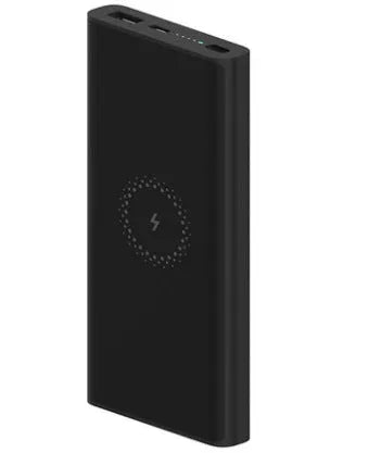 Black and white 10000mAh power bank with fast charging and wireless output features.
