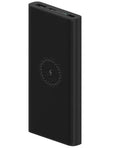 Black and white 10000mAh power bank with fast charging and wireless output features.