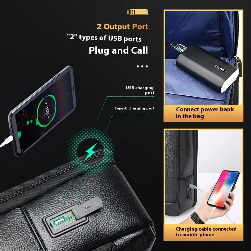 Black genuine leather men's business backpack with USB charging port and curved shoulder strap