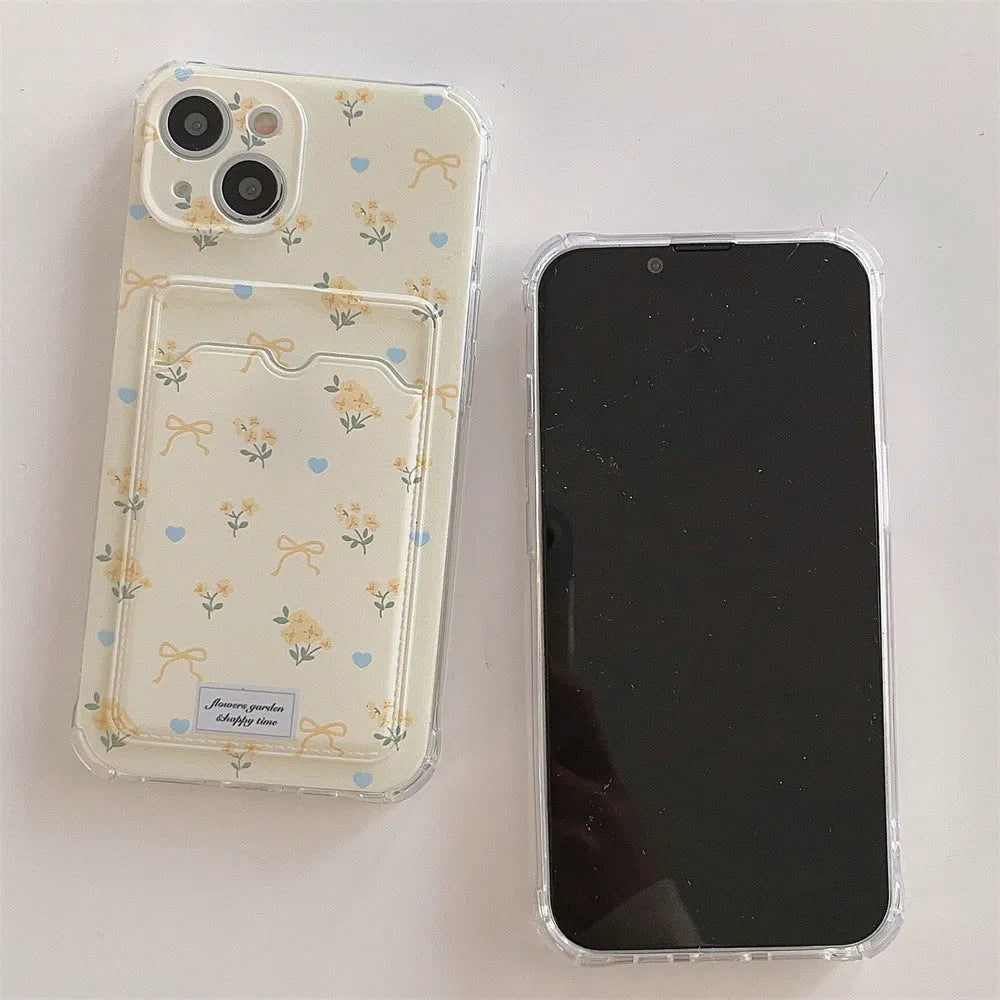 Small broken flower phone case with card holder slot, pink full-screen floral design, TPU material, for iPhone