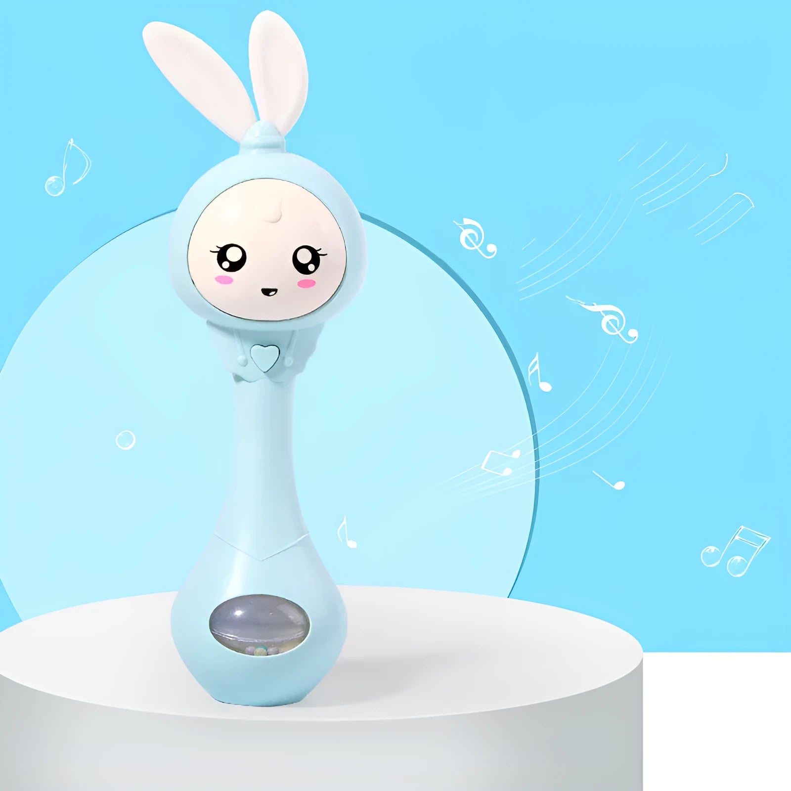 Baby musical rattle stick chewable teether toy in light blue, mint green, orange, or pink.
