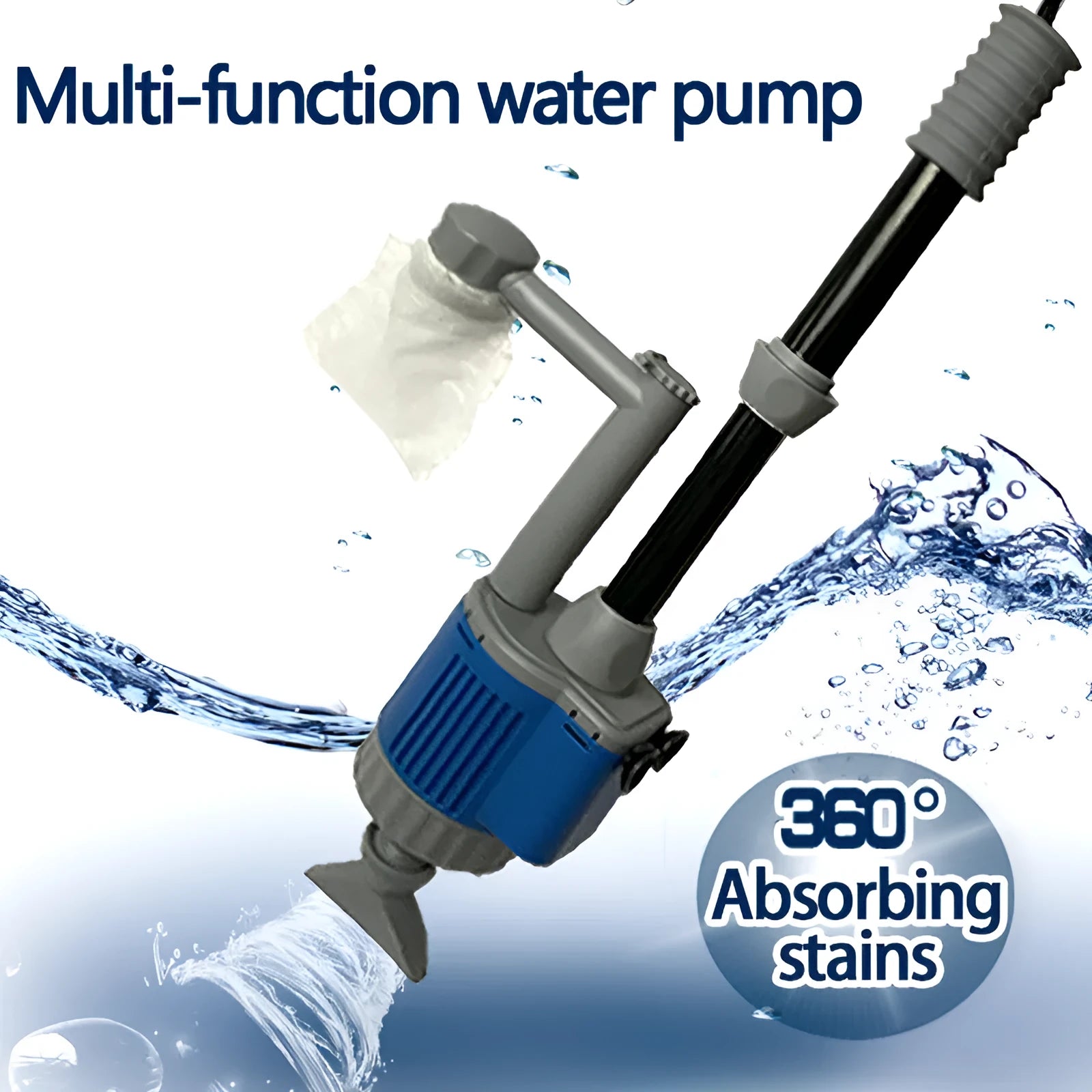 Electric aquarium gravel cleaner with 20W motor, plastic body, hose, and suction ports on white background