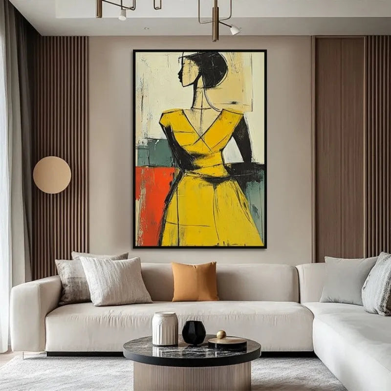 Hand-painted abstract people oil painting in brown and yellow tones on canvas, vintage wabi sabi style