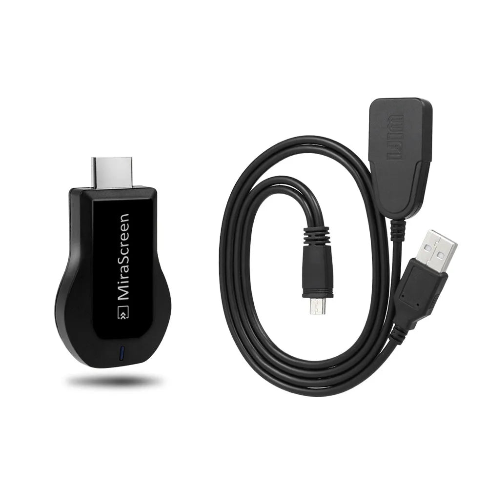 Small white wireless HDMI dongle receiver with USB cable for screen mirroring