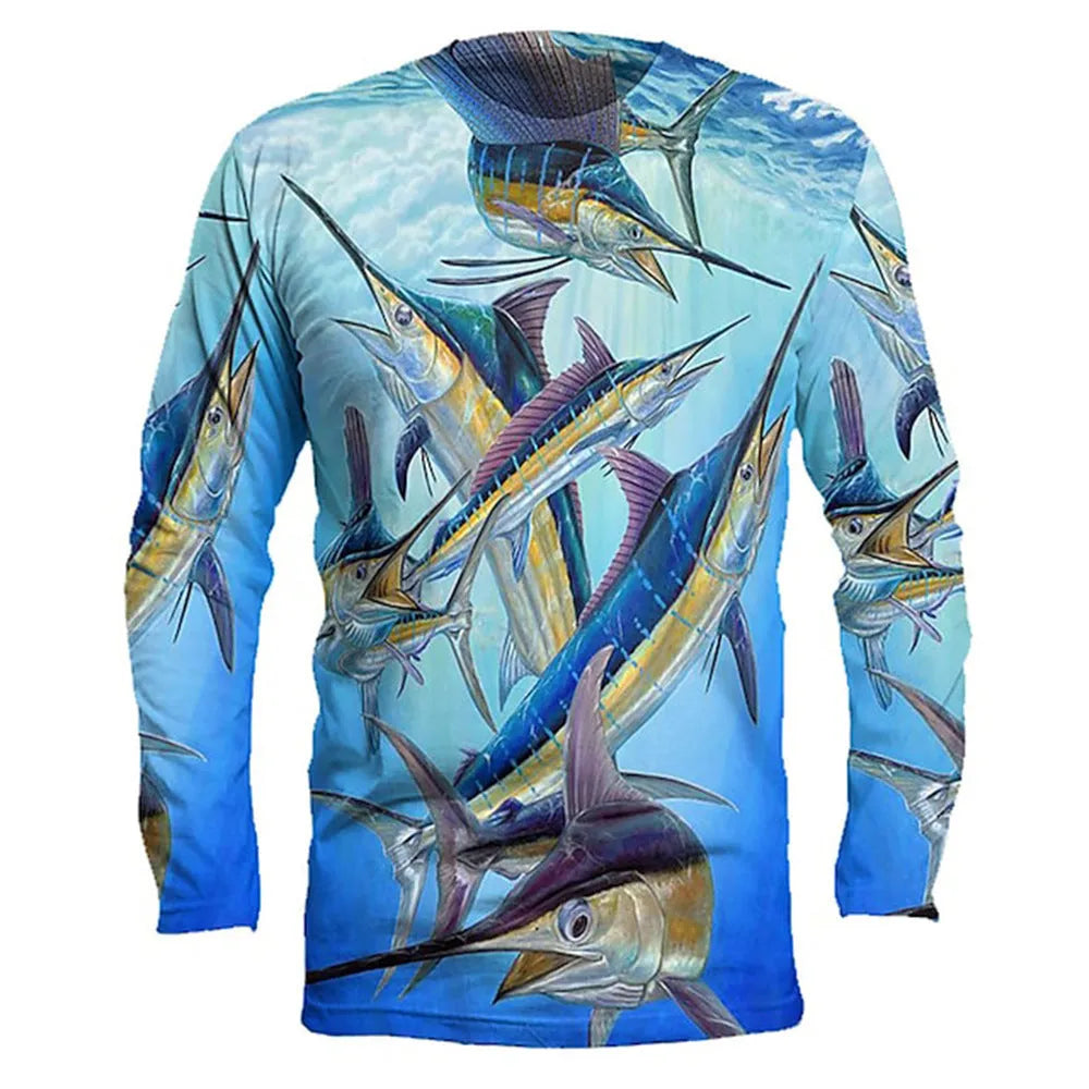 Men's long-sleeved round neck pullover with a blue and white fish print design.