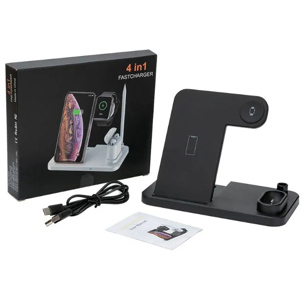 Black 4-in-1 wireless charging dock showing phone on angled stand, Apple Watch, AirPods case, and Apple Pencil charging simultaneously.