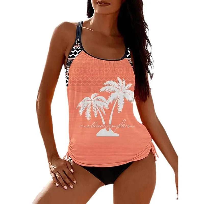 Women's loose tangini briefs bikini set in polyester showing colour options and loose fit design
