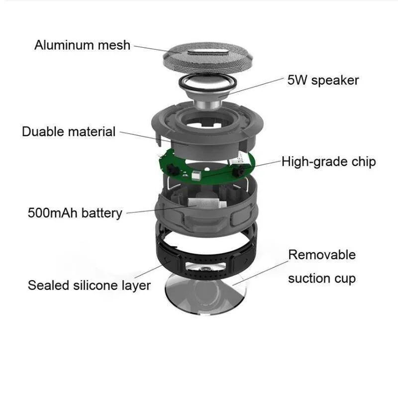 Waterproof portable Bluetooth speaker in black with dual 3W drivers, 500mAh battery, compact 98x88x45mm design
