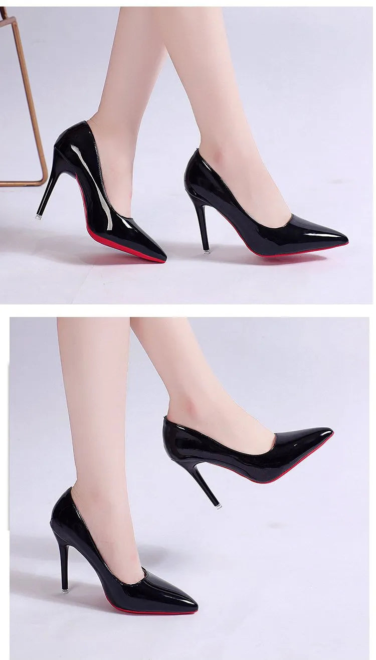 Solid colour women's pointed toe pumps with a stiletto heel on a rubber sole.