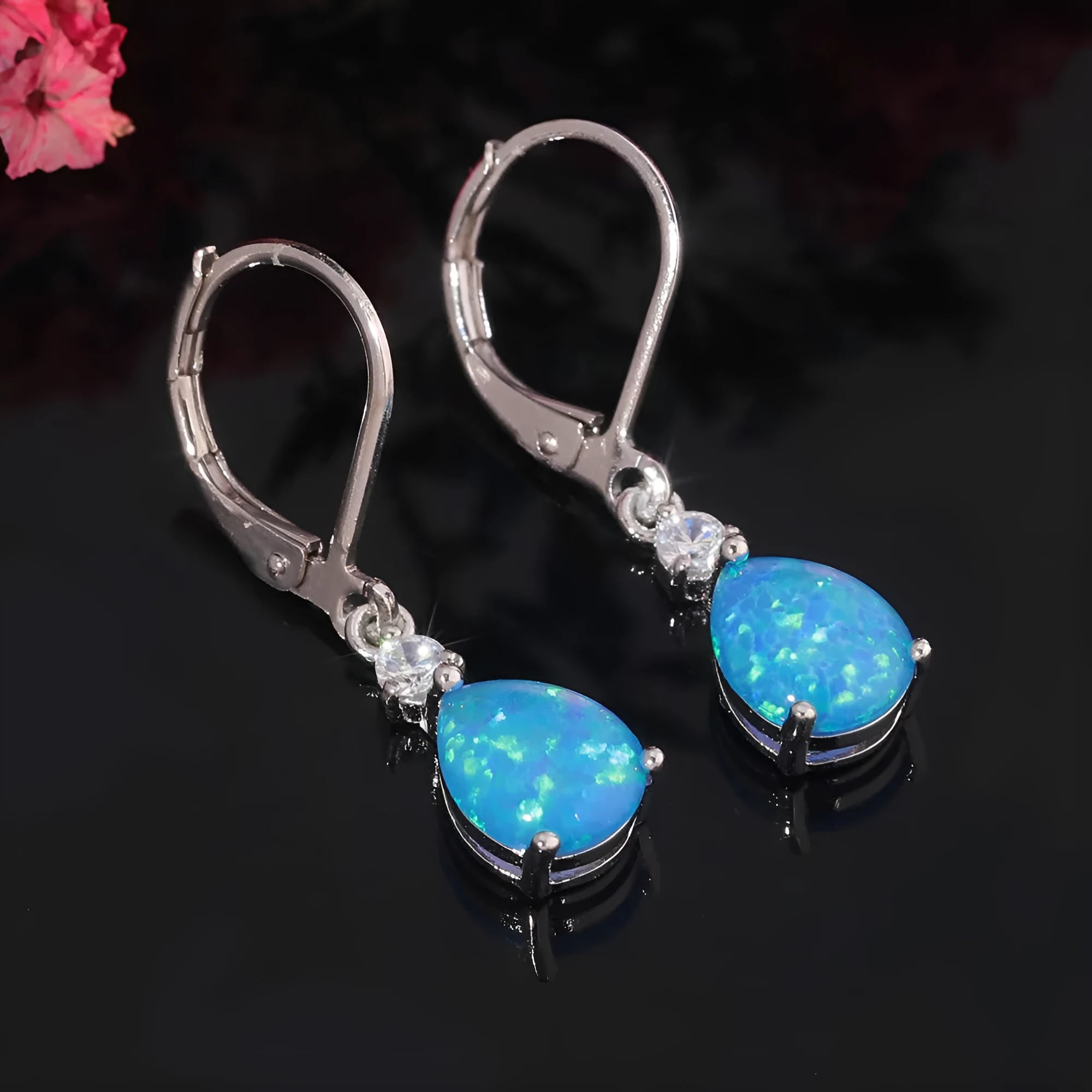 Copper zircon leaf shape earrings with water drop opal colour electroplated finish geometric U-shaped design