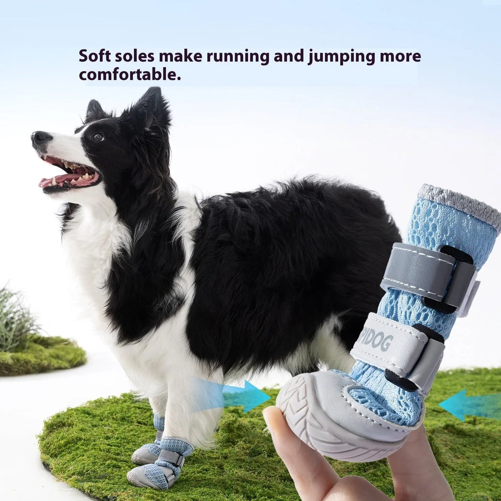 Pair of light blue breathable dog shoes with a cartoon style on a wooden floor.