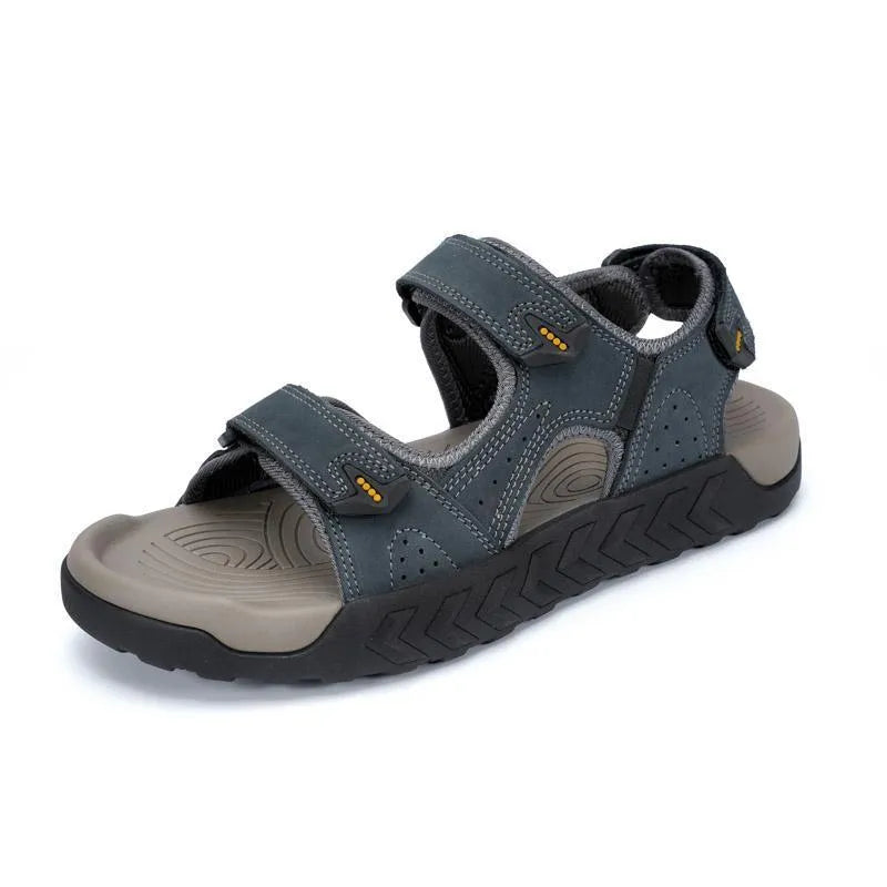Men's breathable beach sandals with Velcro fastening, first layer cowhide upper, available in dark brown, dark gray, and khaki