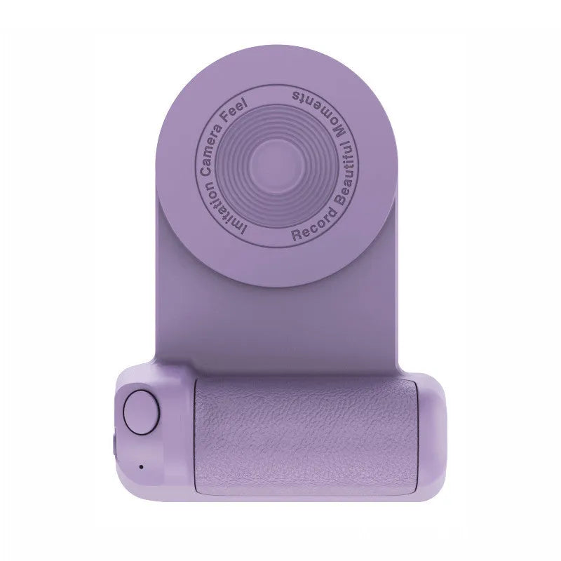 Black multifunctional phone camera holder with magnetic suction and rotatable stand on a table.