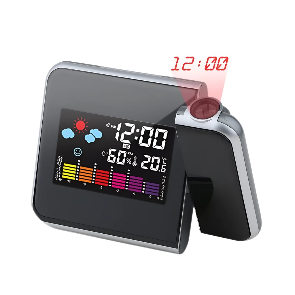 Black digital projection alarm clock showing time, temperature, and humidity on its display.