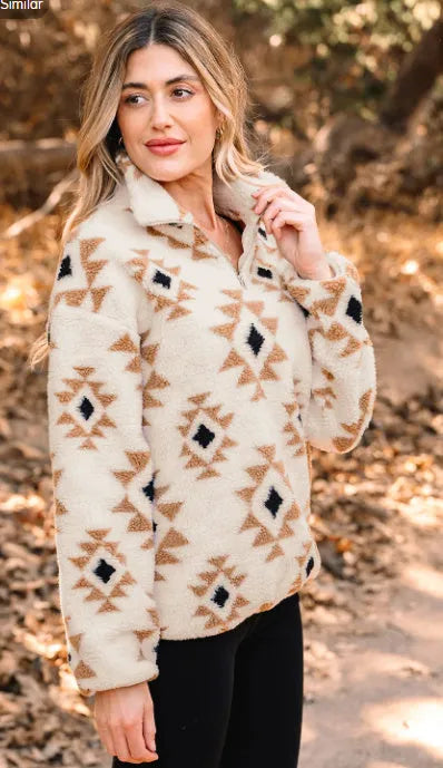 Khaki printed zip collar sweatshirt in polyester fibre, casual daily top, sizes S to 2XL