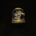 Glass dome desktop night light showing a real preserved dandelion flower with sunflower accents inside.