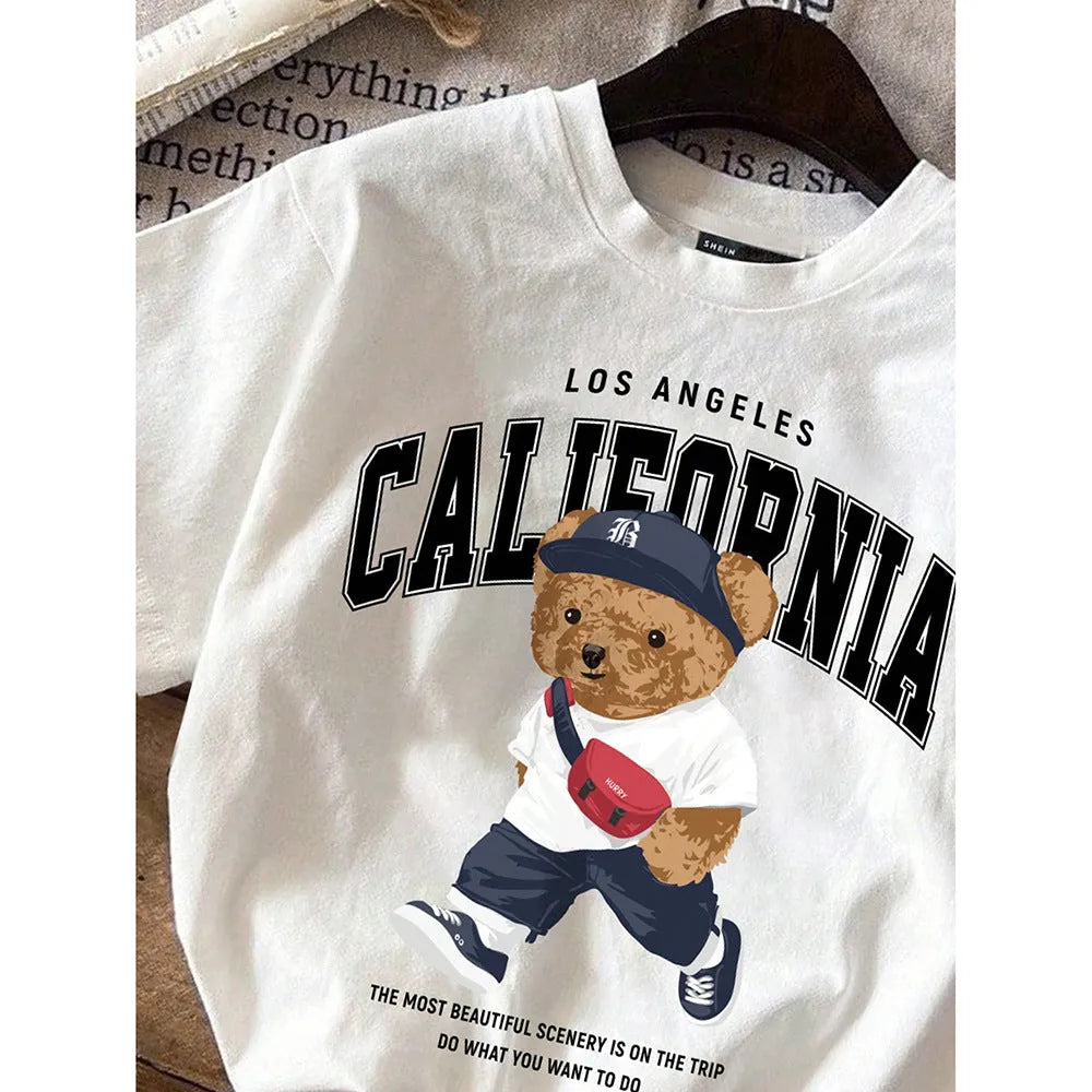 Children's casual short sleeve T-shirt with cartoon bear print in white polyester, suitable for kids 100-160cm height