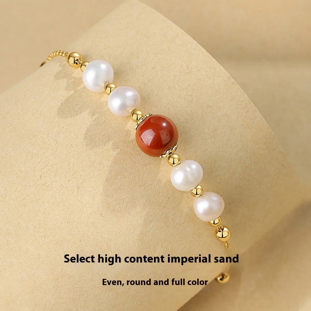 Yellow retro style 925 silver bracelet with red bean pearl cinnabar design for women