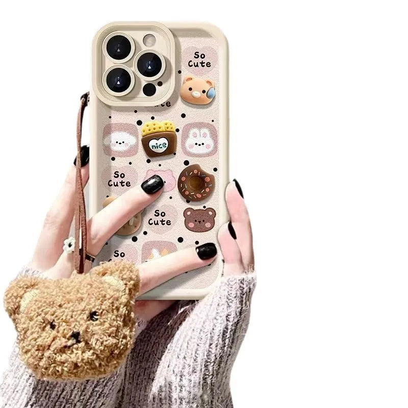 Autumn winter plush doll phone case for Apple iPhone with creative square animal design in white