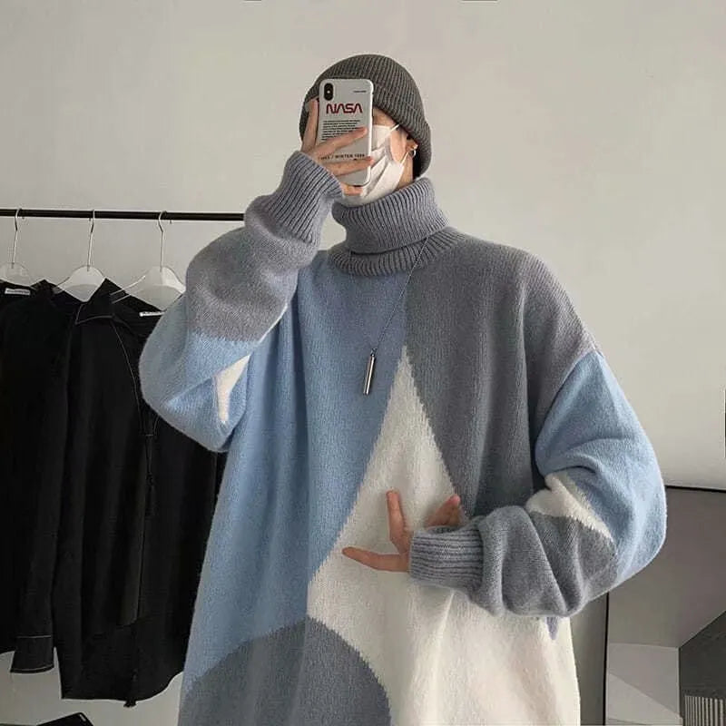 Men's contrasting colour high-neck pullover sweater in thickened polyester knit, black colour option