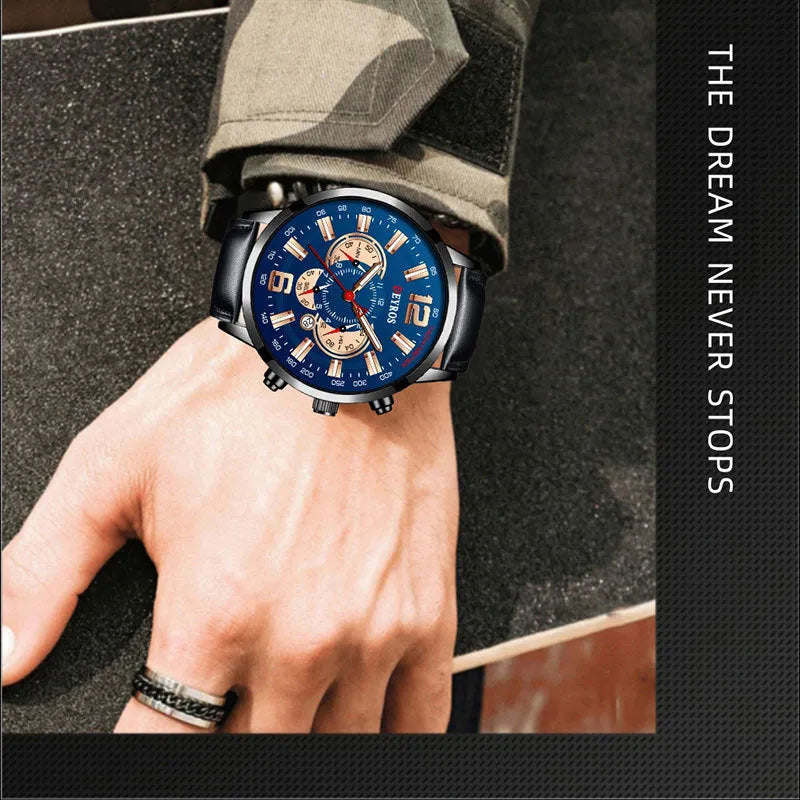 Fake three eye luminous sports watch for men, 9mm case, black or blue ribbon strap, six colour options