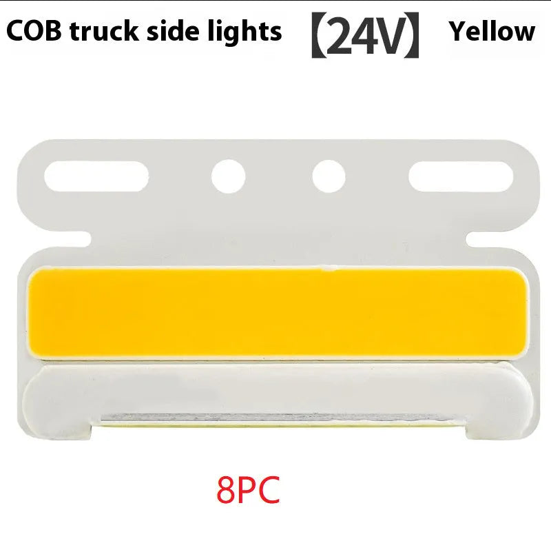 IP68 waterproof COB LED truck side light with aluminium alloy housing, shown in multiple colours.