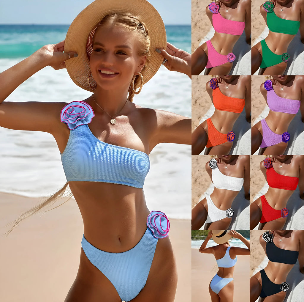 Three-dimensional flower one-shoulder bikini swimsuit in sky blue with wipe split design and polyester fabric