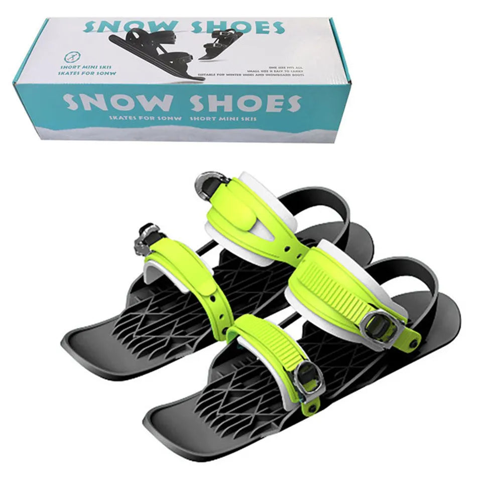 Green and black mini ski skates made from ABS plastic, nylon, and aluminium alloy on snow