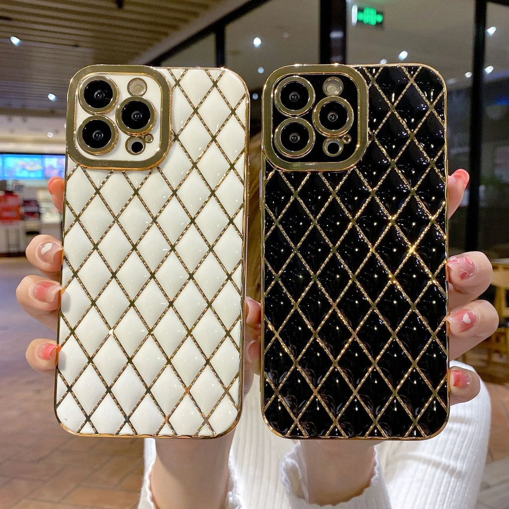 Electroplated 6D diamond TPU iPhone back cover in black, angled view with reflective pattern
