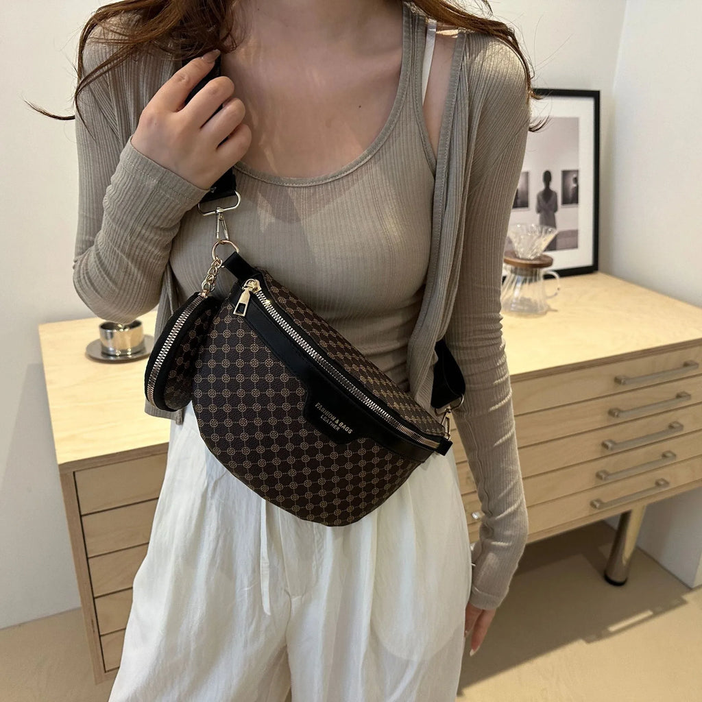 European American style portable crossbody bag with retro printing and sewing thread detail in black