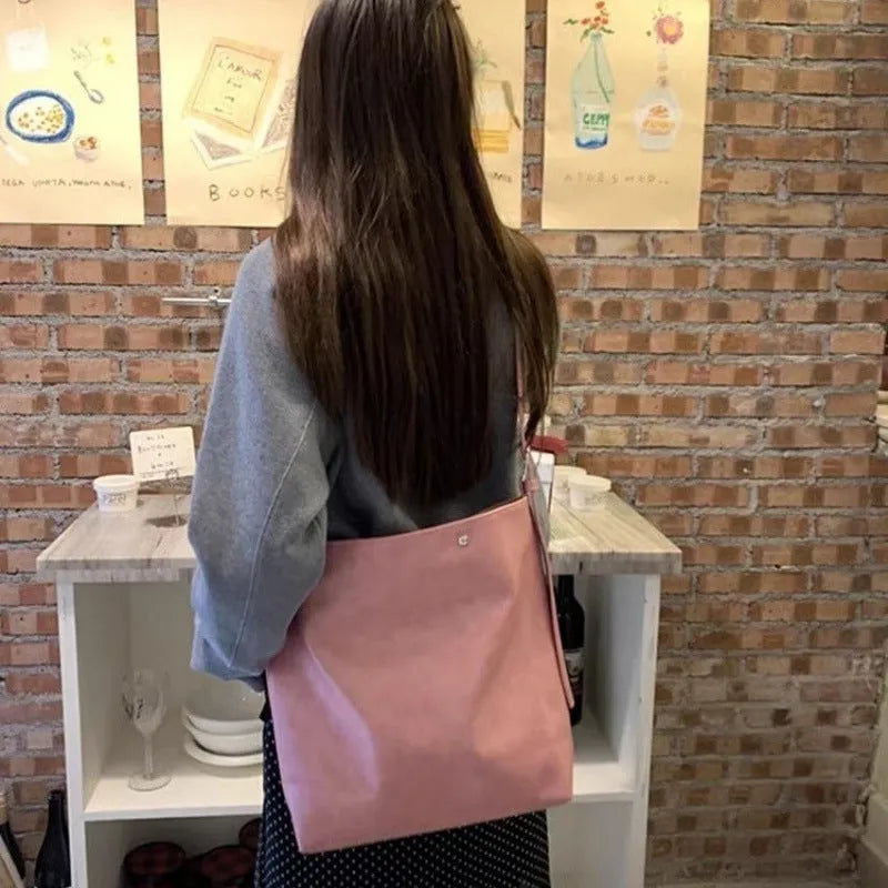 Corduroy one-shoulder commuter bag in pink or brown with PU lining, 39cm length