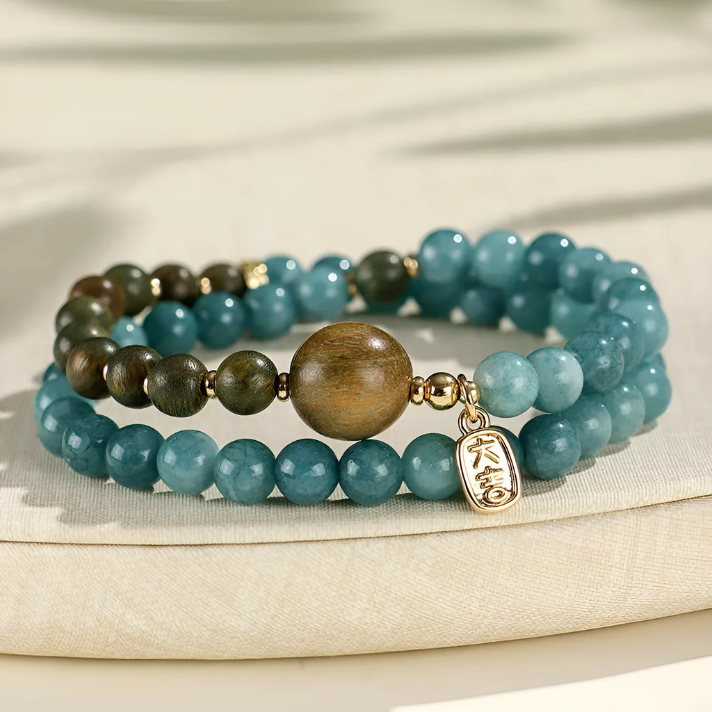 Blue New Chinese style beaded bracelet for women with Fu and Xi characters.