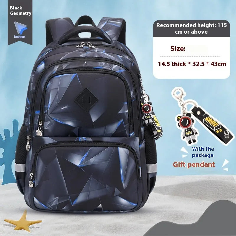 Blue children's waterproof school backpack with dinosaur pattern and curved shoulder straps.