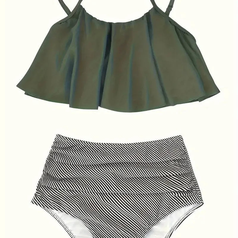 Green high-waisted women's swimsuit with ruffles and a backless brief style.