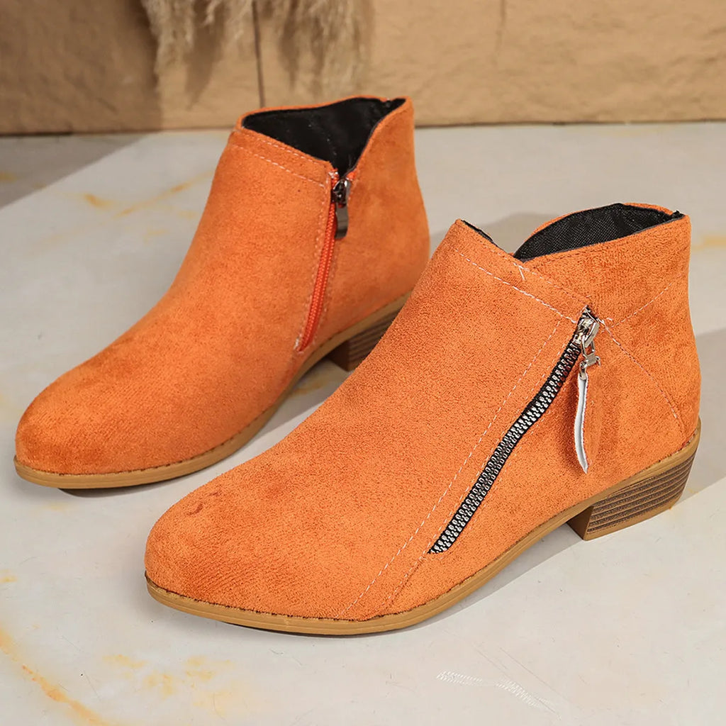 Suede women's ankle boots with side zipper, pointed toe, rubber sole, in black, brown, grey, red, beige, orange, dark blue, sky blue, purplish red.