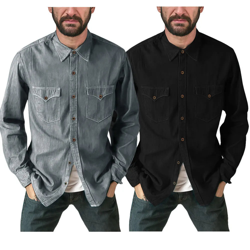 Men's cotton denim cardigan coat in khaki colour on a hanger.