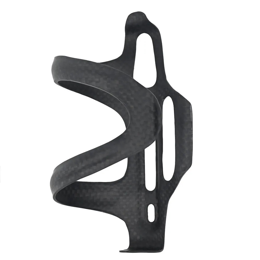 Black carbon fibre side-pull water bottle cage for bicycles with 65mm mounting holes.