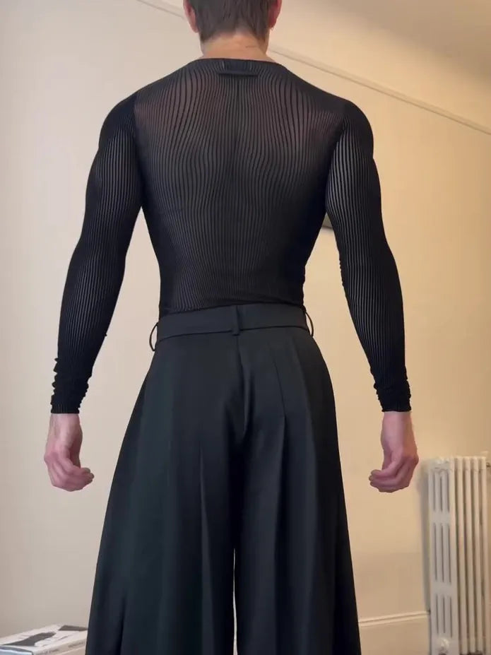 Black mesh long-sleeve top with sheer striped design, regular fit, polyester fabric