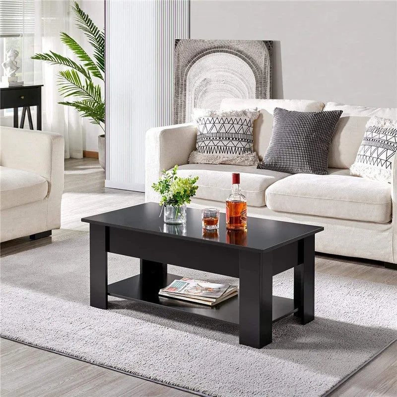 Black lifting coffee table with plate-type top and adjustable height mechanism in modern design