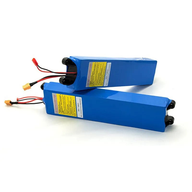 A 36V lithium battery pack for electric scooters, showing three capacity options: 6.6A, 7.8A, and 10.4A.