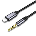 Silver and black nylon-braided 3.5mm audio cable with male connectors on a white background.