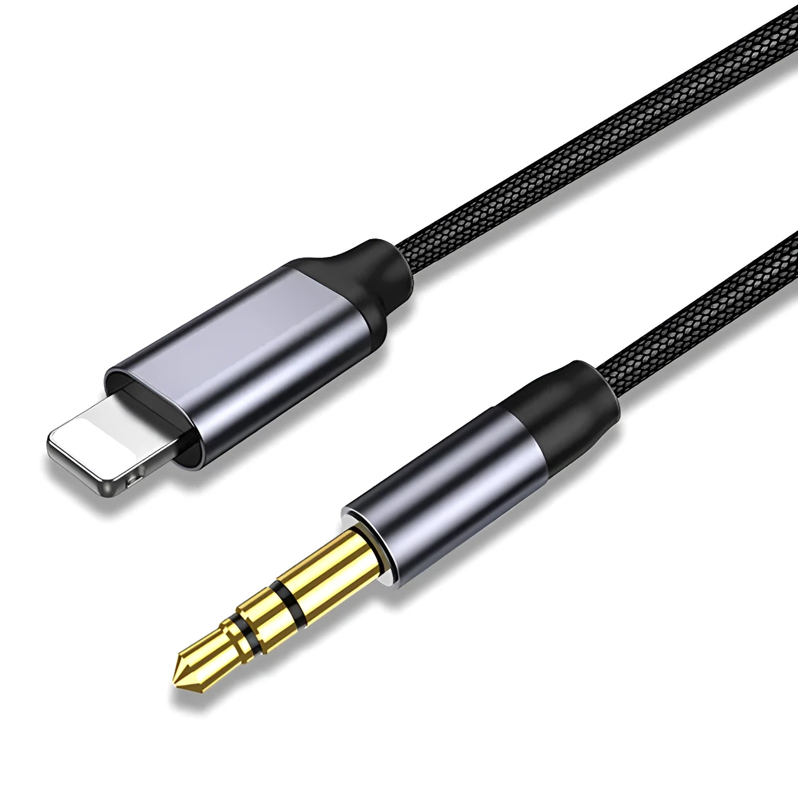 Silver nylon braided car headphone adapter cable with 3.5mm plugs on a dark background.