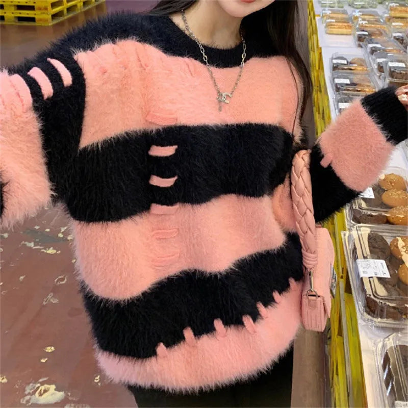 Women's loose fit striped pullover sweater in green or pink, one size, polyester