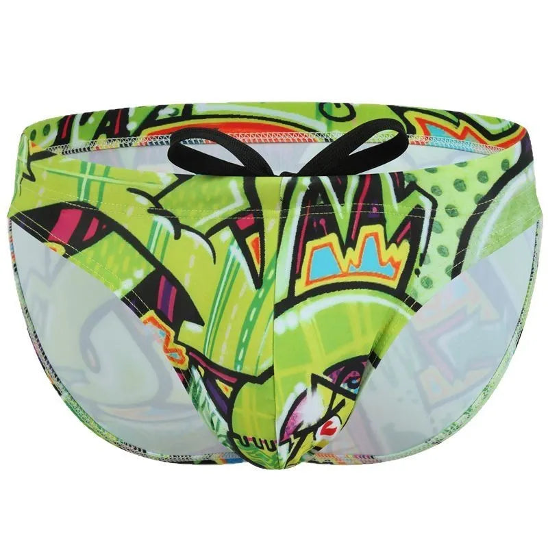 Men's printed swimming trunks in a choice of patterns including skull, streamer, cyber, and ice cream designs.
