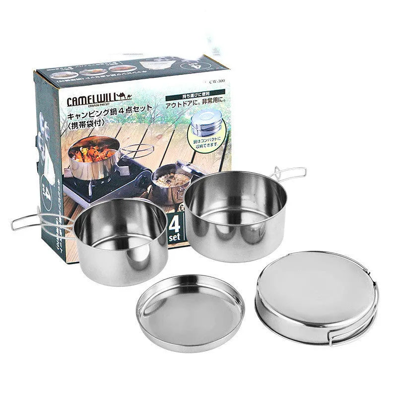 Silver stainless steel camping cookware set with four pieces for outdoor cooking